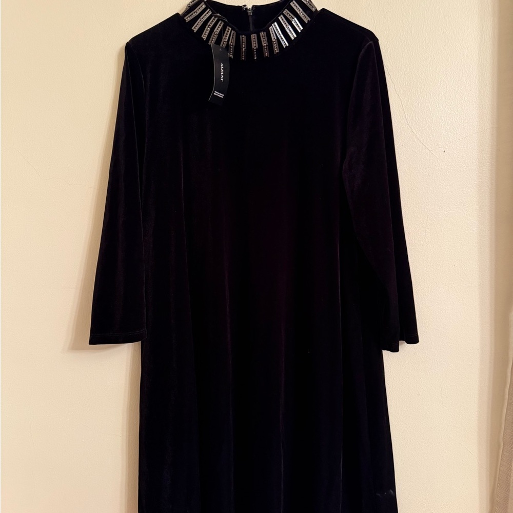 NWT Alfani Black Long Sleeve Dress with Embellished Neckline